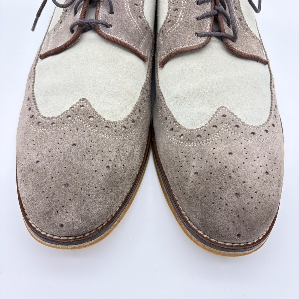 Johnston & Murphy Mens 13 Suede Wingtip Oxford Shoes Taupe Cream Brogue Preppy - Picture 3 of 11